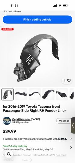 for 2016-2019 Toyota Tacoma front Passenger Side Right RH Fender Liner