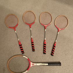 4 Vintage Badminton Racquets And 1 Tennis Racquet