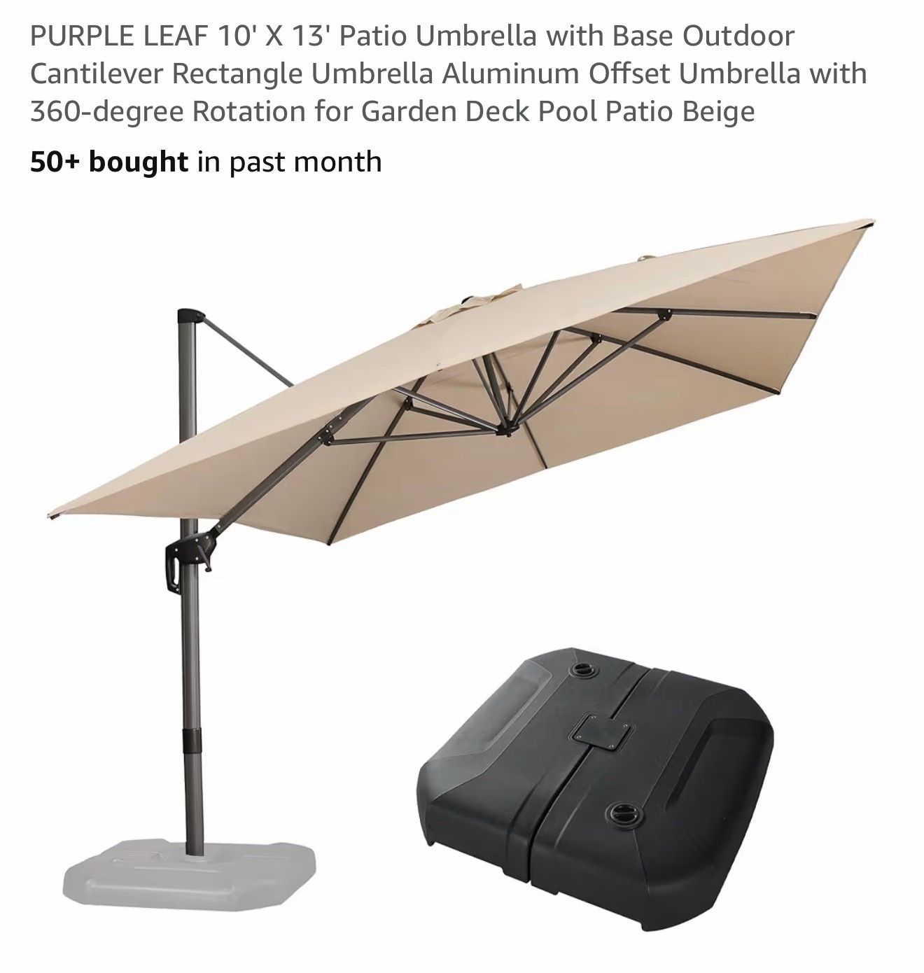 PURPLE LEAF 10' X 13' Patio Umbrella with Base Outdoor Cantilever Rectangle Umbrella Aluminum Offset Umbrella with 360-degree Rotation for Garden Deck