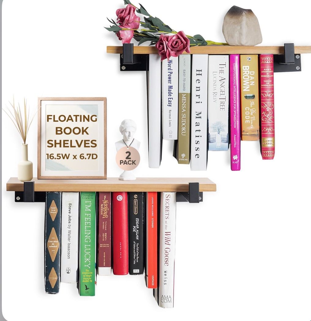 VEBAVO Floating Bookshelves Set Of 2 - Double Storage Unique Wall Bookshelf - Natural Wood & Metal B