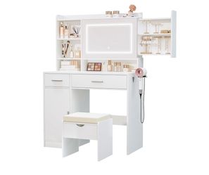 White Vanity with LED Mirror and Power Outlet