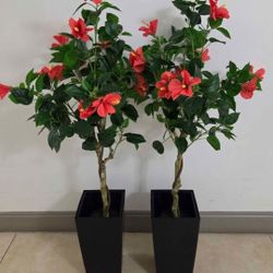 PAIR of 46" Faux Red Hibiscuses in 16" Black Resin Planters (2 for $100) @ Lasting Creations