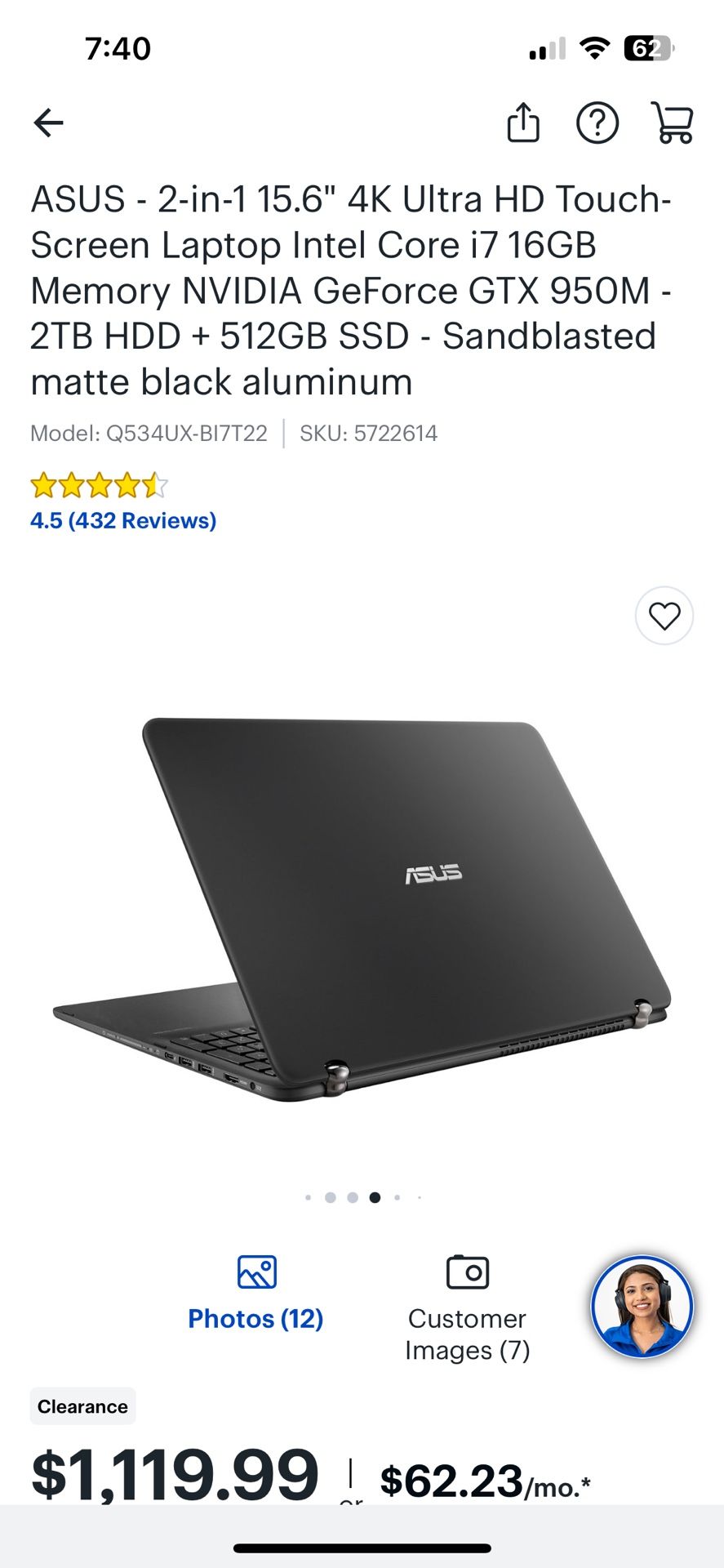 ASUS Q534UX-BI7T22 - 2 In 1 Laptop, Touchscreen, 2.5 TB, 16GB RAM, Nvida GeForce, 4K UltraHD