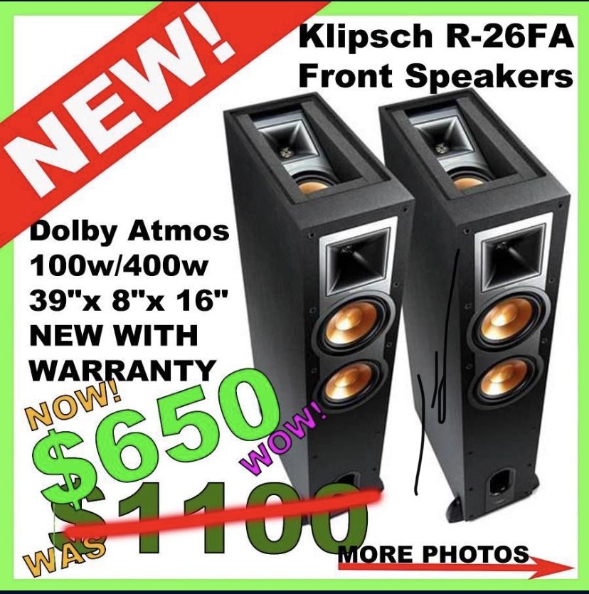 NEW Klipsch R-26FA Dolby Atmos 100w/400w Floorstanding Speakers Black