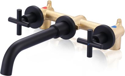 Matte Black Bathroom Faucet, ARCORA 2 Handle Wall Mount Bathroom Faucet and Rough-in Valve Included, Vessel Sink Faucet Wall Mounted