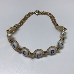 Vintage Tacoa Signed Name “Wendy “ Milk Glass Bead Pearl Gold Tone Two Sided Bracelet 
