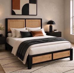 Full Size Rattan Bed Frame with Headboard, Boho Metal Platform Bed.