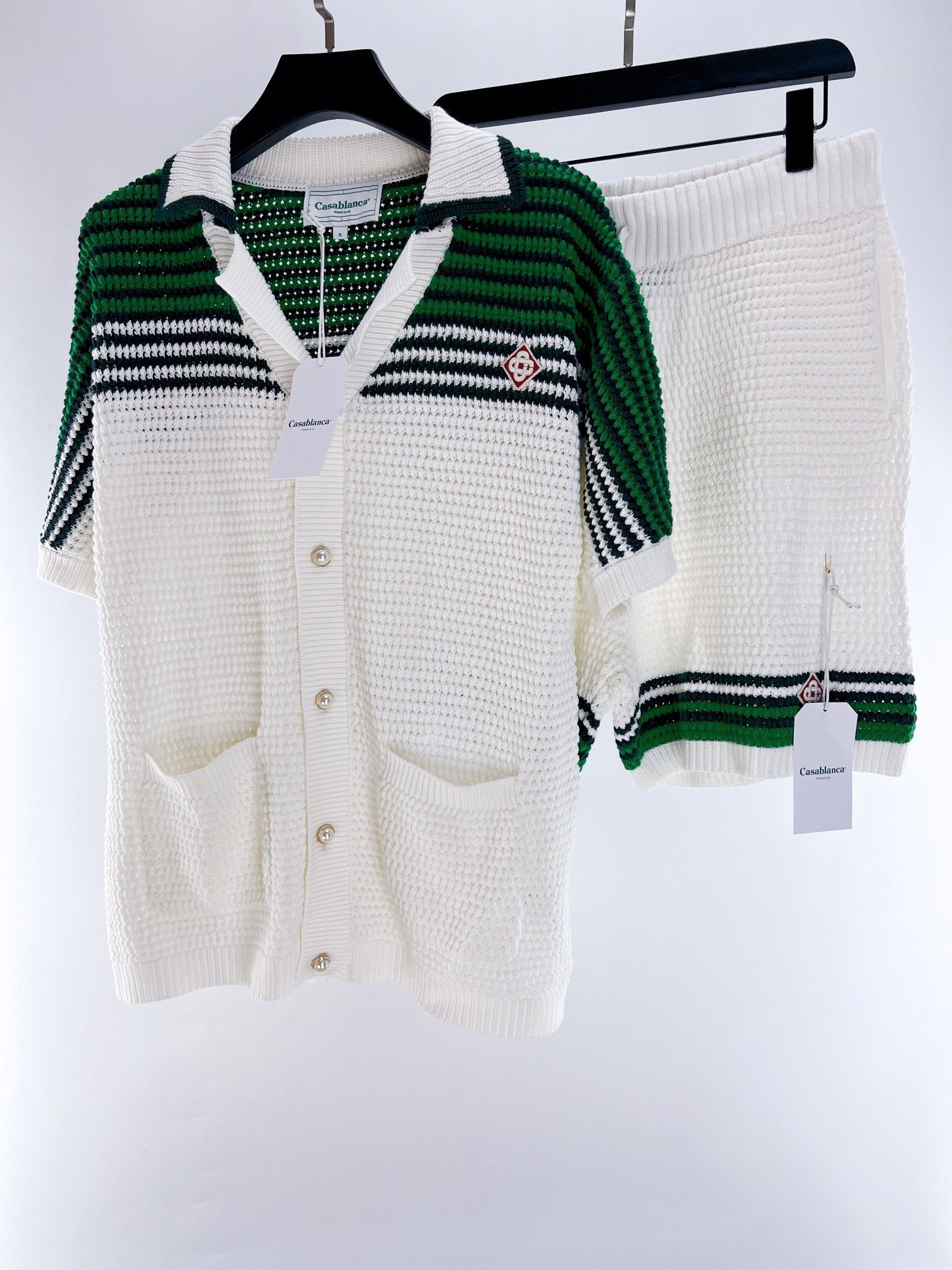 Casablanca Two Sets Men Trending Outfit Crochet Button Up Shirt Gucci Louis Vuitton Balenciaga Amiri Boat Outfit Island Trips Rhu Balmain Givenchy