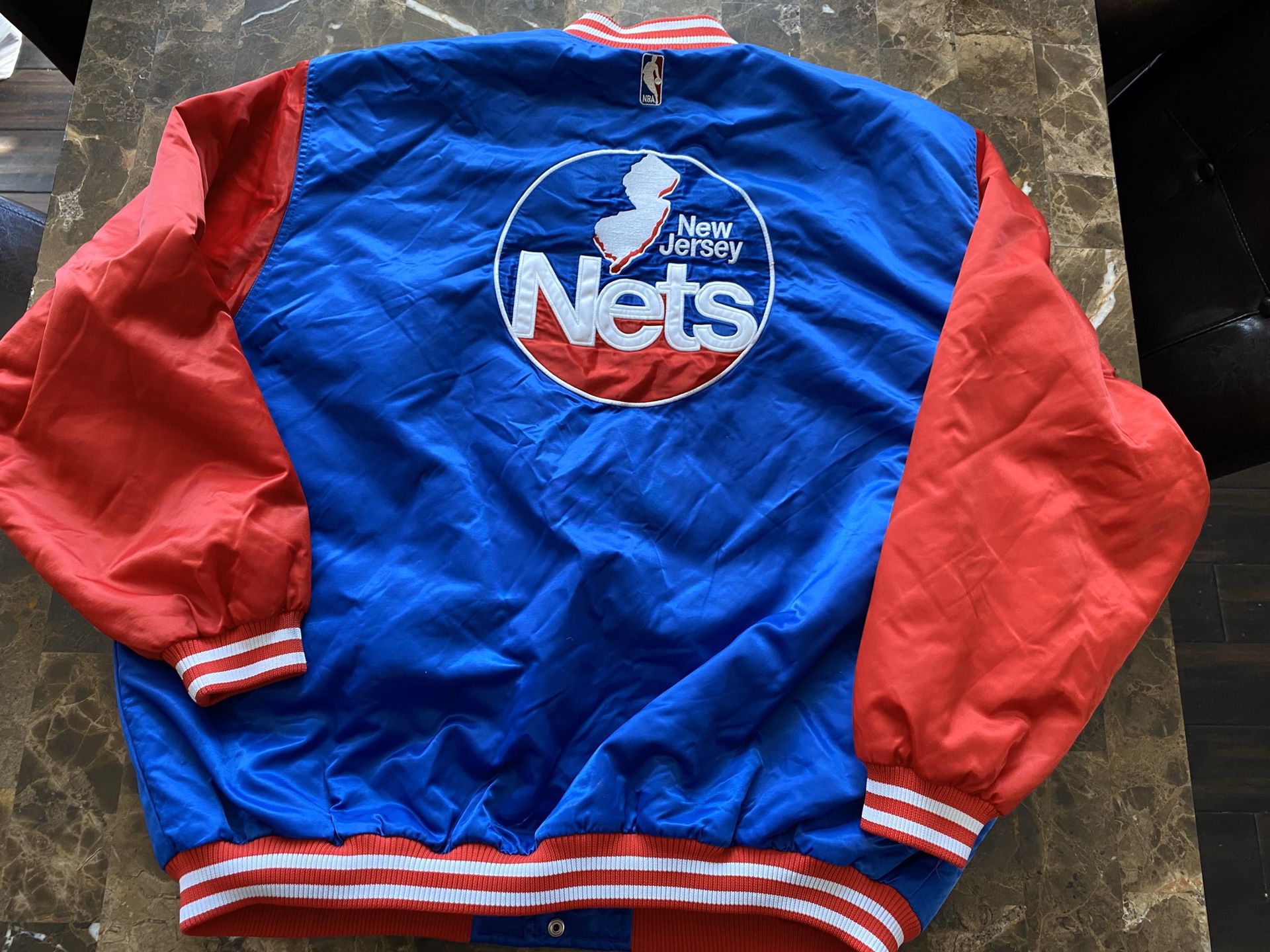 VINTAGE 90s New Jersey Nets Satin Jacket Size XXL NBA Blue Red Basketball.  Measures 31” pit to pit 22” pit to sleeve cuff and 30” top of shoulder to  for Sale in