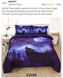 ENCOFT Blue Wolf Comforter Full Size, 3 Piece Starry Night Sky Howling Wolf Bedding Comforter Set, Wild Animal Themed Full Size Quilt Comforter Sets f