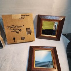 NEW VINTAGE Home Interiors Wood Frame Diamond Or Square Mirrors Set Of 2 8" x 8"