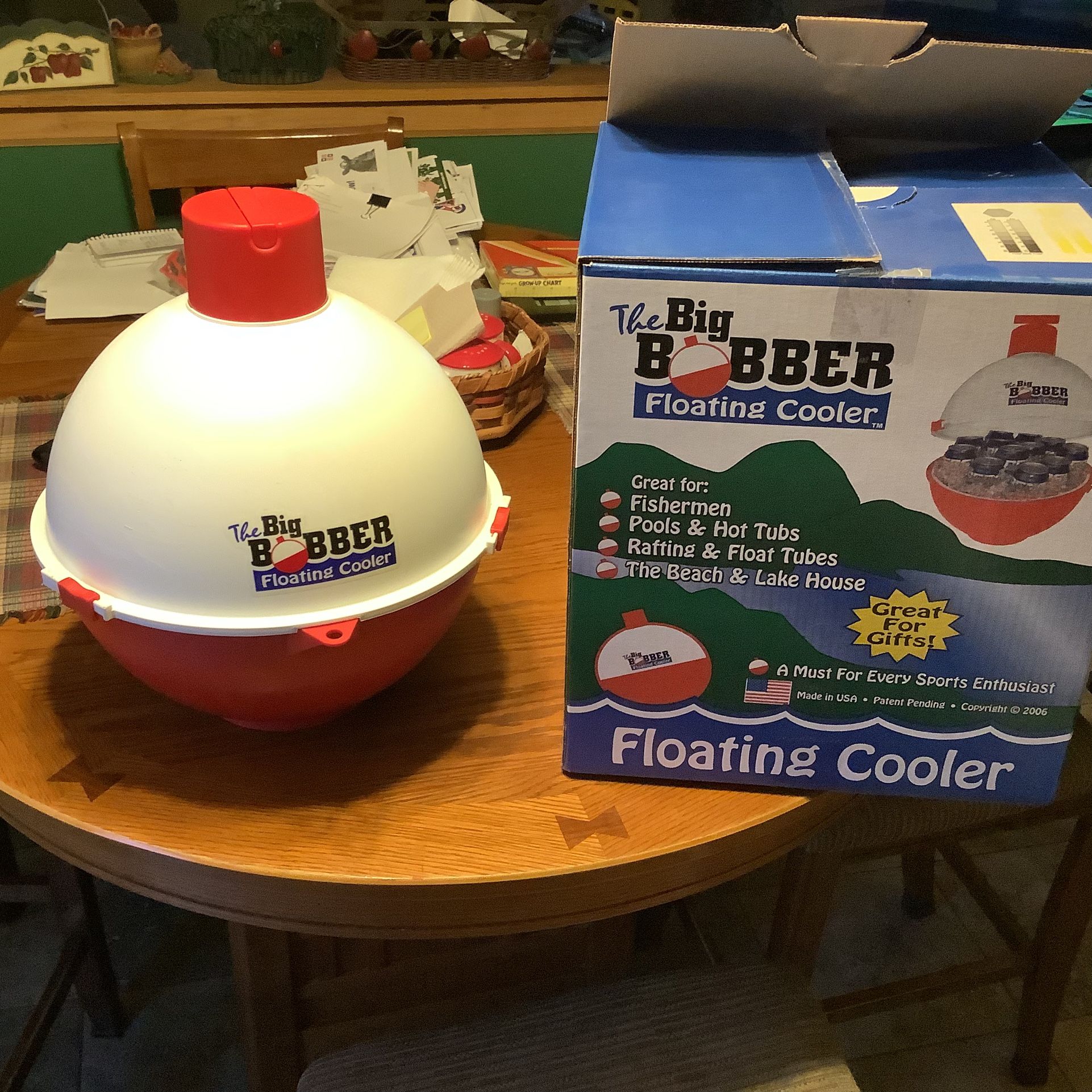 The Big Bobber Floating cooler used only for backyard party. Intended for water as it does float, holds up to 12 cans with ice, insulated to keep thin
