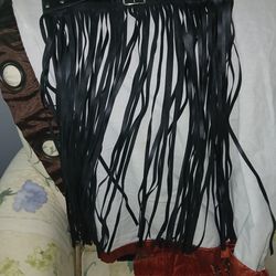 Black faux leather fringe skirt belt.