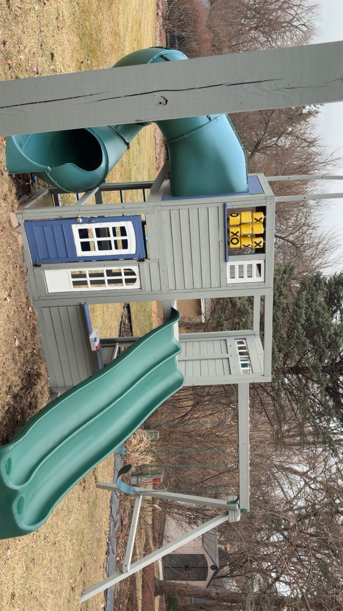 Title: Large Wooden Backyard Playset – Tube Slide, Double Slide, Climbing Wall & Swings