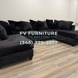 Brand New! Double Chaise Black Fabric Sectional! Sane Day Delivery