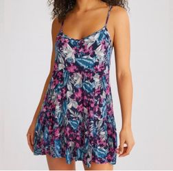 Vintage American Eagle Floral Tiered Cami Babydoll Boho Dress Pink Blue Tropical Y2K XXS