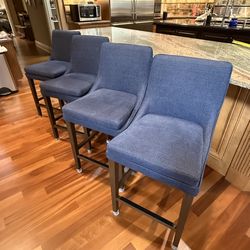 Arhaus Upholstered Bar Stools – Set of 4 (Blue Fabric)