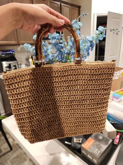 Woven Straw Tote Bag with Bamboo Handles