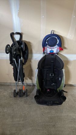 Car seat, umbrella stroller and a toddler bag