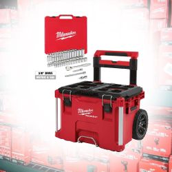 Miwaukee packout rolling box and 3/8 in. Drive SAE/Metric Ratchet and Socket Mechanics Tool