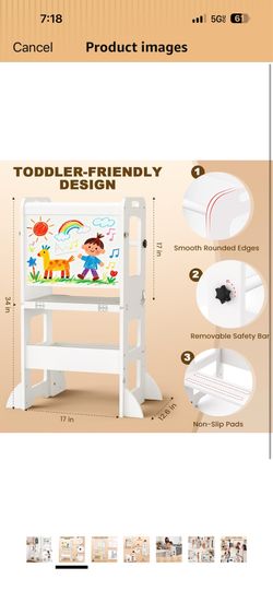 Woodure 4-in-1 Toddler Kitchen Step Stool, Learning Standing Tower with Whiteboard, Wooden Kitchen Stool Helper for Kids, 1-3 Year Old Boy Girl Gifts-