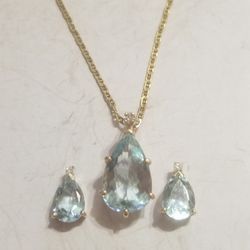 14K gold  And  Aquamarine  Small diamonds set Chain pendent and earring Used