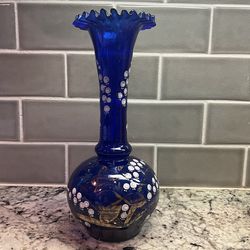 Victorian Cobalt Blue Glass Vase - Hand Enameled,  Gold Trim, Lily of the Valley