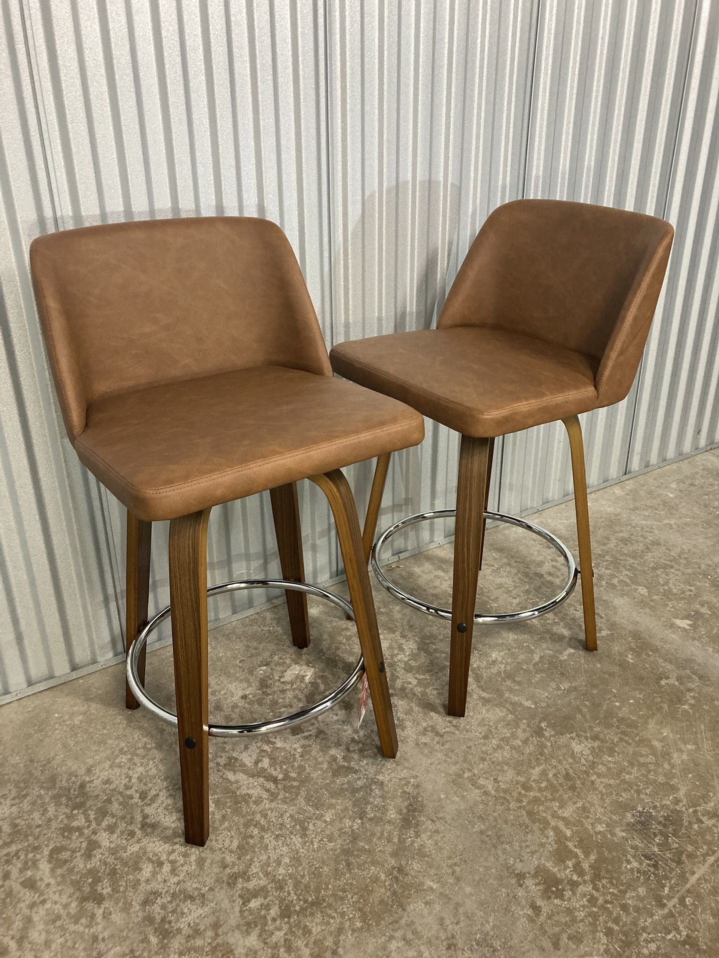 Toriano Stools – Set of 2 (Walnut + Camel Faux Leather) – Available in 24.25”, 26.25”, & 30.35” ✨