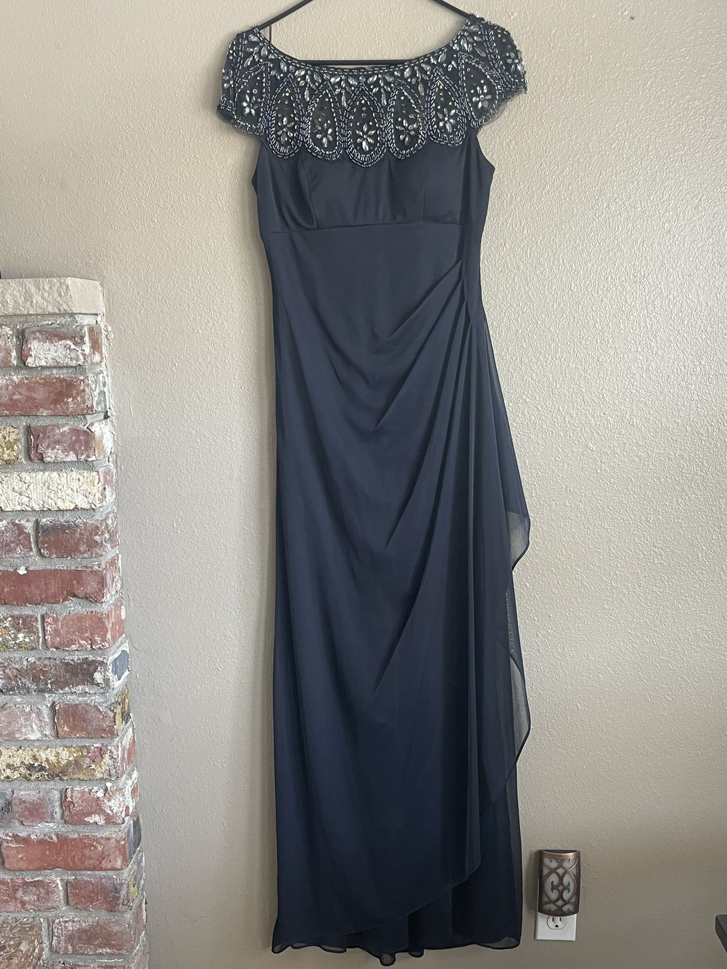 Xscape Navy Long Formal Sequined Dress