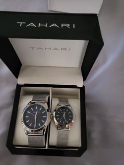 TAHARI Wrist-Watches His And Hers Classic Stainless Silver Bands NEW In Box