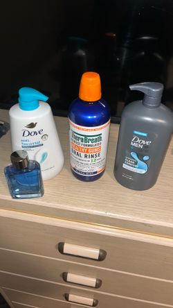 Therabreath 1 liter Dove men care 30fl oz Dove anti-bacterial body wash 30.6fl oz Hollister cologne