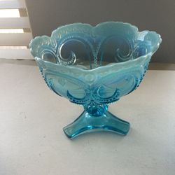 Jefferson Blue Opalescent Footed Novelty Bowl Beaded Glass. Fleur De Lis, Button Ruffled Edge. Rare find.