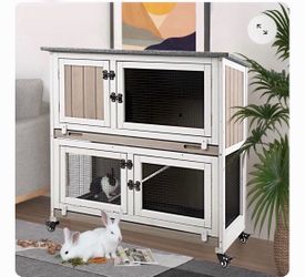 PET34 36″L Rabbit Hutch Wooden 2 Story, Guinea Pig Pet House for Small to Medium Animals, Grey