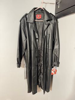 Marc Mattis Black Leather Trench Coat XL – Long Belted Vintage Style