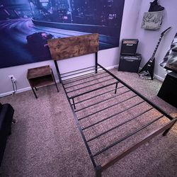 Metal Twin Bed Frame With Wood Night Stand