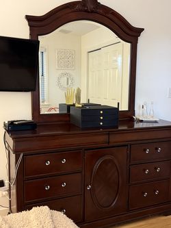 Raymour and Flanagan bedroom set dark wood crystal knobs