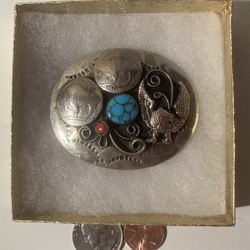 Vintage Belt Buckle Silver With Turquoise And Buffalo Bisons