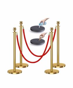 4Pcs Stanchions and Velvet Ropes, Crowd Control Barriers (Glod) Water or Sand-Fillable Base, 5 Feet Velvet Ropes and Posts Poles for Red Carpet Formal