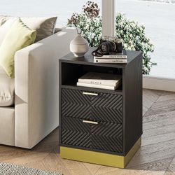 Nightstand with Wireless Charging, Power Outlet, Bedside End Table 2 Drawers/USB-C & AC Outlet Power Station/ Engineered Wood/Open Storage Cubby/ for 