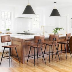 24.5" Red Brown Bar Stools Set of 4, Faux Leather Upholstered Counter Height Bar Stools with Backs, Metal Footrest and Legs, Armless Bar Chairs for Ki