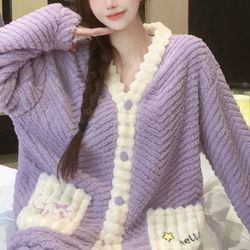 Women's pajamas set double-faced fleece pajamas cardigan with buttons autumn and winter full set pajamas