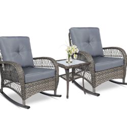 Piece Outdoor Conversation Bistro Set, Patio Wicker Rocking Chairs Rattan Furniture Sets w/ 2 Rattan Chairs, Cushions, Glass Top Side Table for Garden