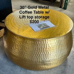30in Gold Metal Coffee Table with Storage