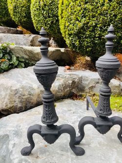 Beautiful 18” Vintage cast iron fireplace andirons