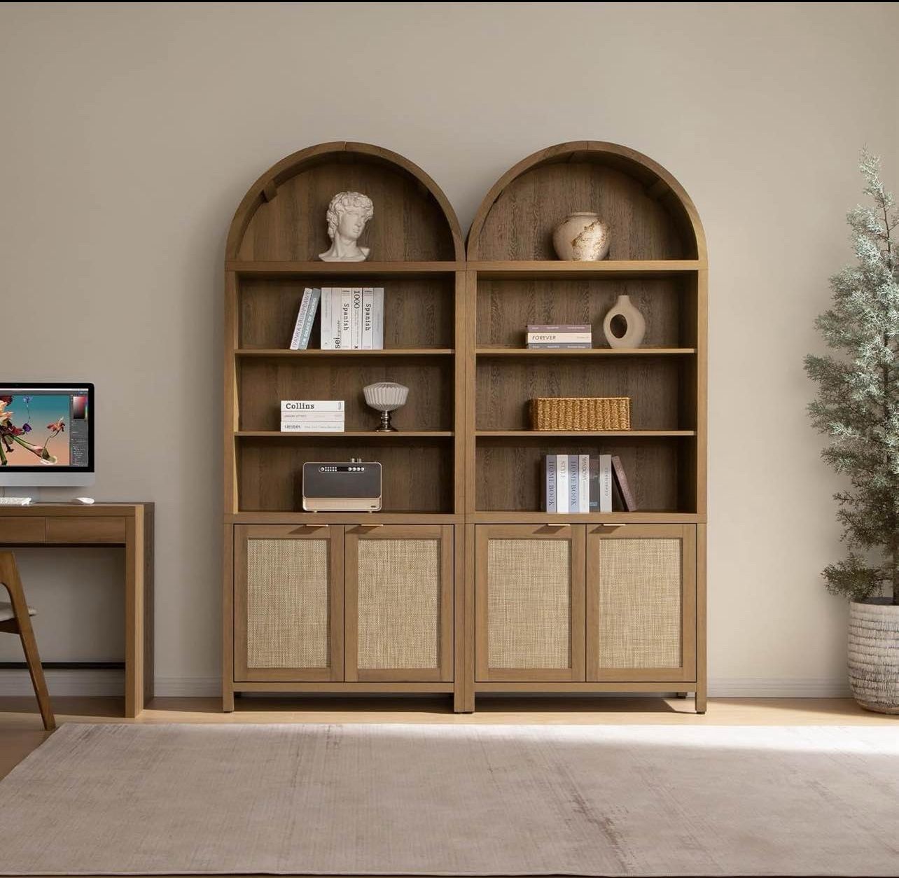 Set of 2, Arch 84.2" Tall Bookcase 5 Tier Large Bookshelves with Doors Storage Rattan Boho Wide Book