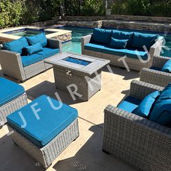 NEW🔥Outdoor Patio Furniture HDPE WICKER Grey with Peacock Blue 4" cushions and Firepit ASSEMBLED