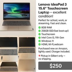 💻 Lenovo IdeaPad 3 – 15.6” Touchscreen Laptop – $250 