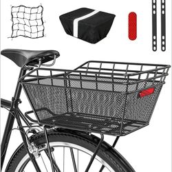 Large Bicycle Basket - Rear Bike Basket with Cargo Net and 2-in-1 Waterproof Cover, Wire Bike Baskets, Large Capacity for Adult Bikes,Electric Bike,Ca