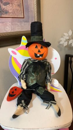 Designer Doll Pumkin Head Scarecrow Halloween Joe Spencer Art Doll Vintage 18”