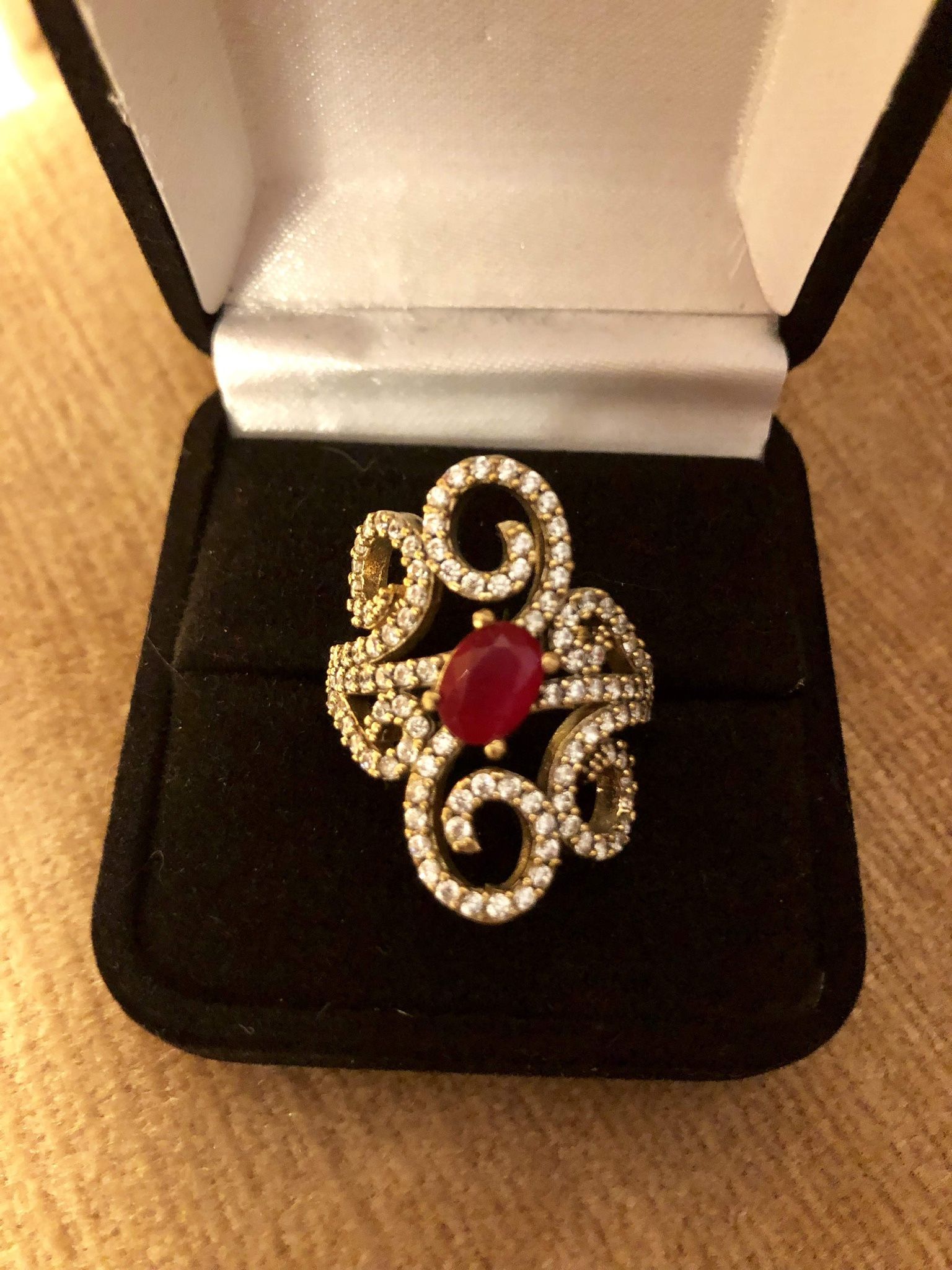 Silver & Bronze Ruby & Diamond Topaz Ring Size 8.5